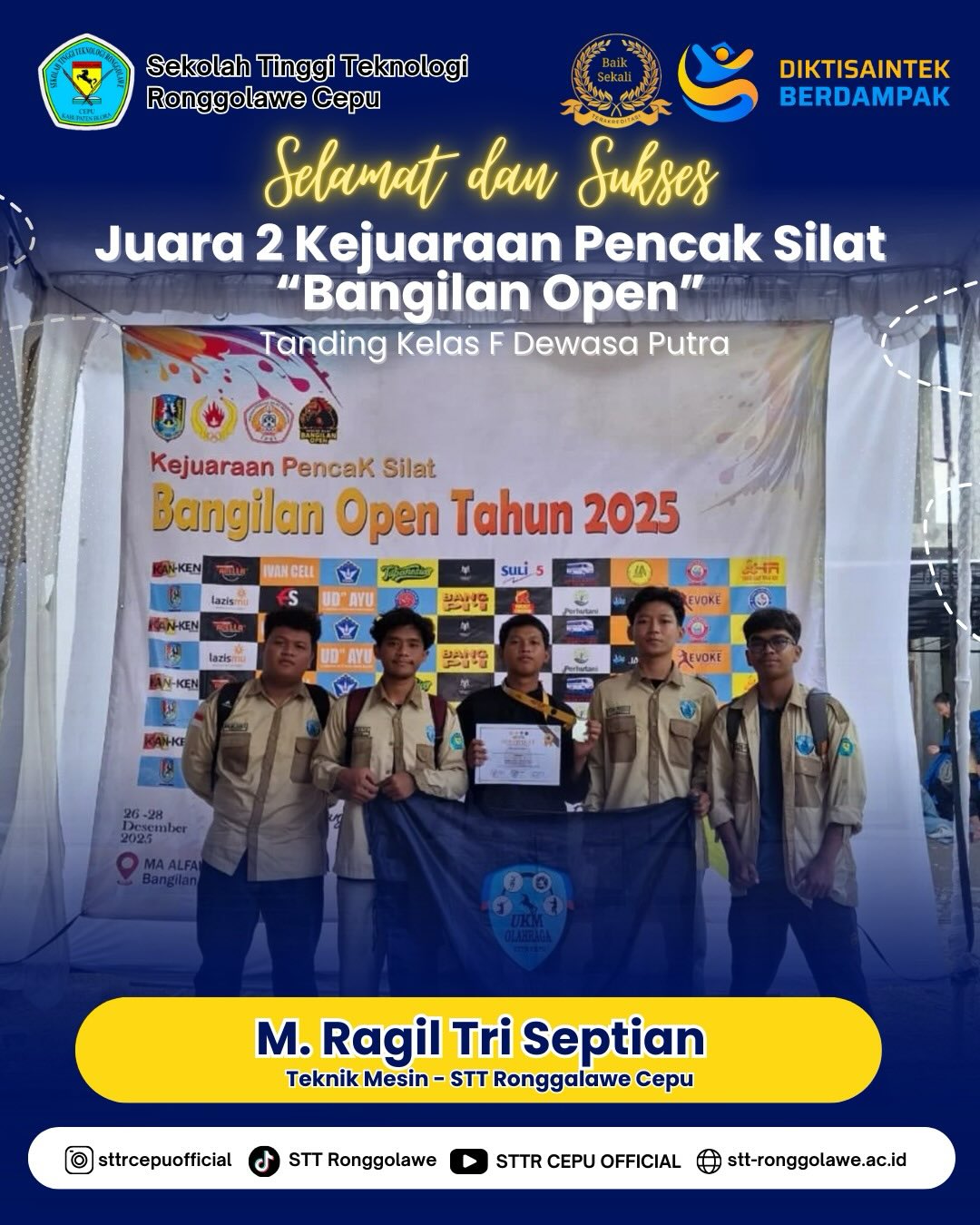 Mahasiswa Teknik Mesin STT Ronggolawe Cepu Raih Juara 2 Kejuaraan Pencak Silat Bangilan Open 2025