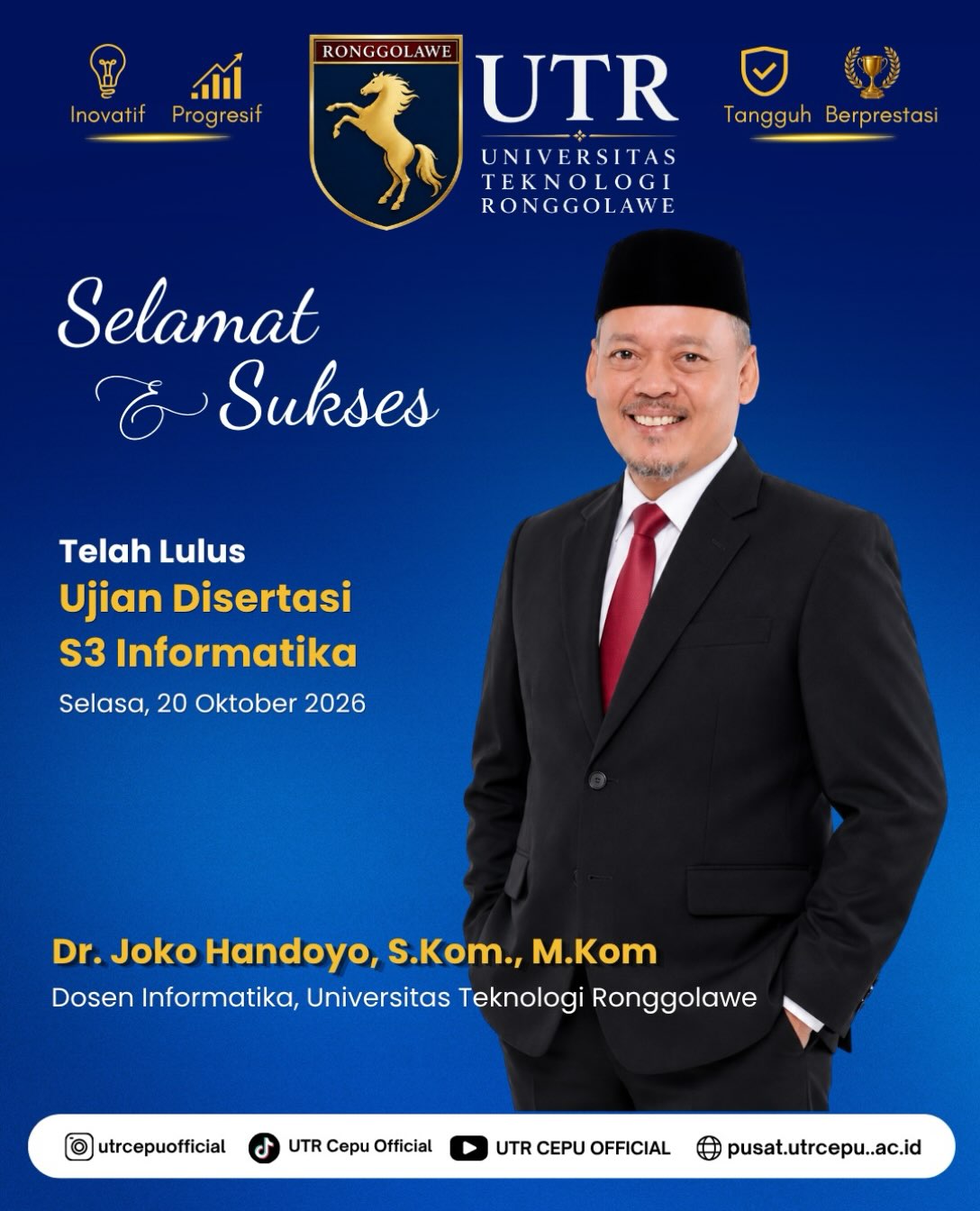 Selamat dan sukses kepada Bapak Dr. Joko Handoyo, S.Kom., M.Kom.atas kelulusan Ujian Disertasi S3 Informatika yang dilaksanakan pada 20 Oktober 2026.